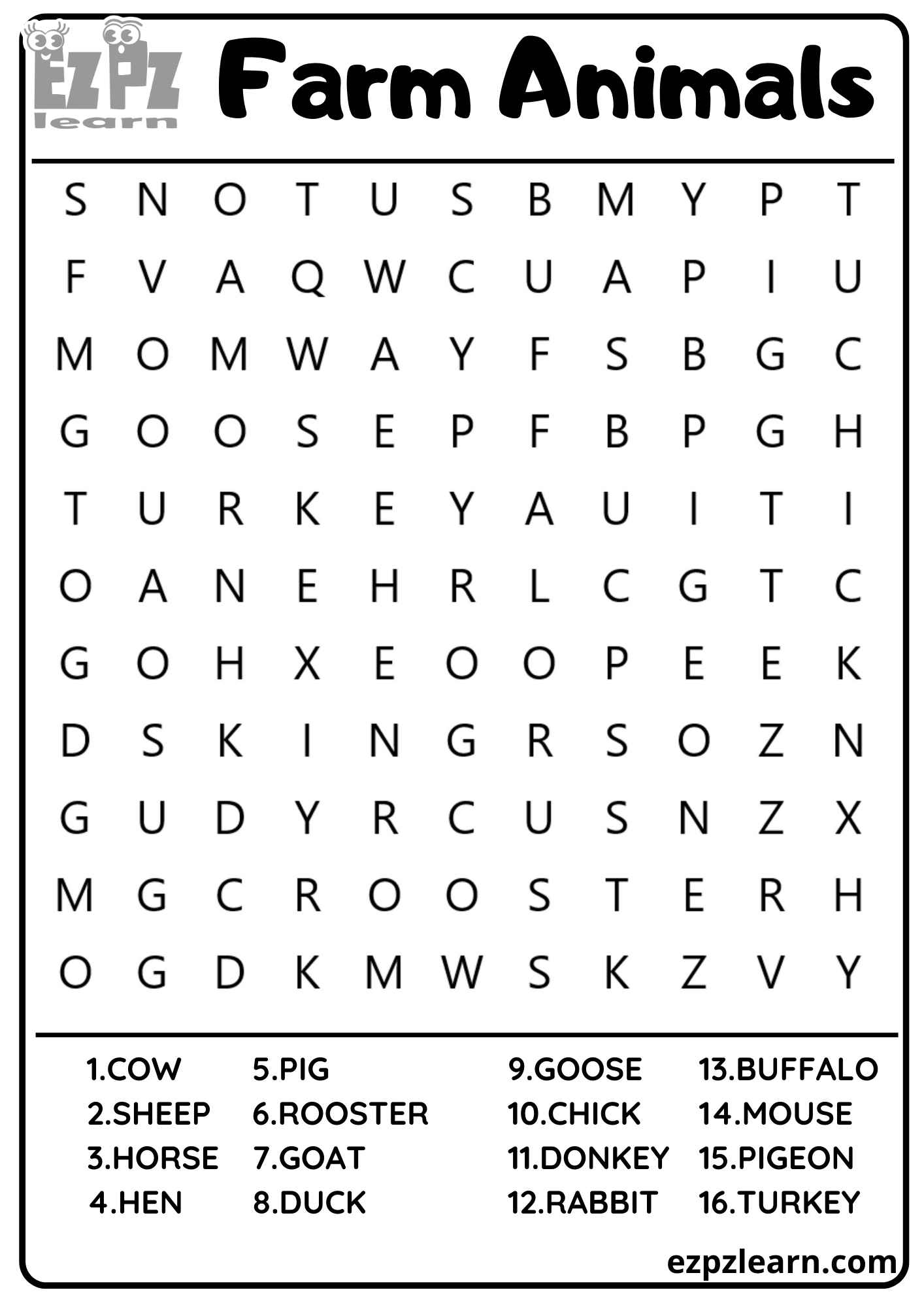 Farm Animals Vocabulary Word Search 16 Words For Kids and ESL Free PDF Download